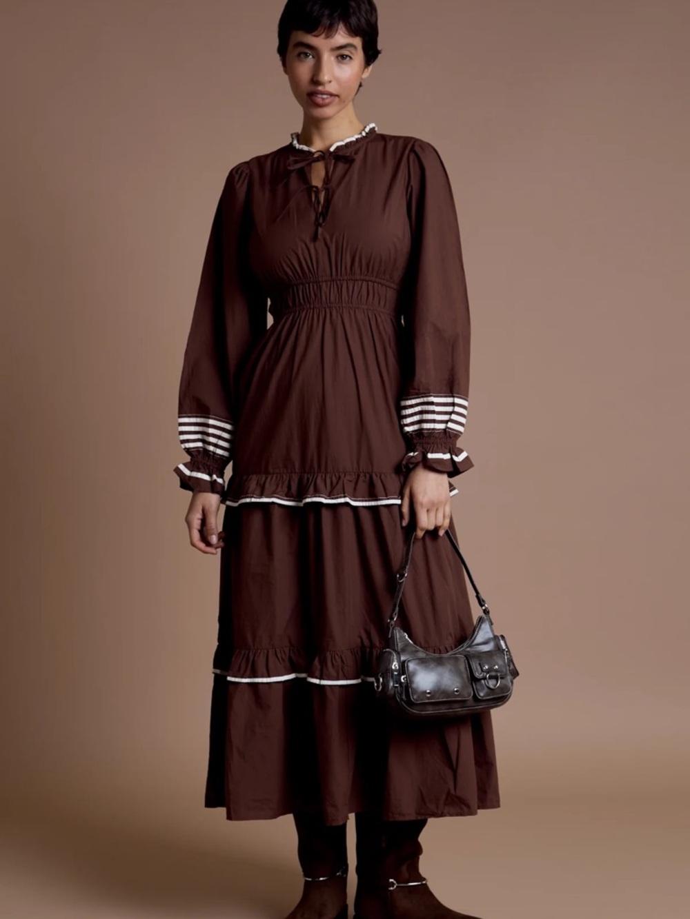 Brown Tiered Long-Sleeve Maxi Dress with Contrast Trim